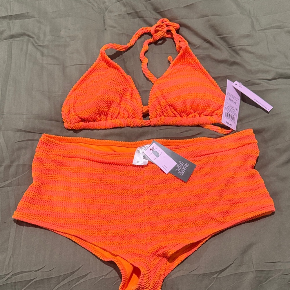 Bright Orange striped bikini Bikini Set